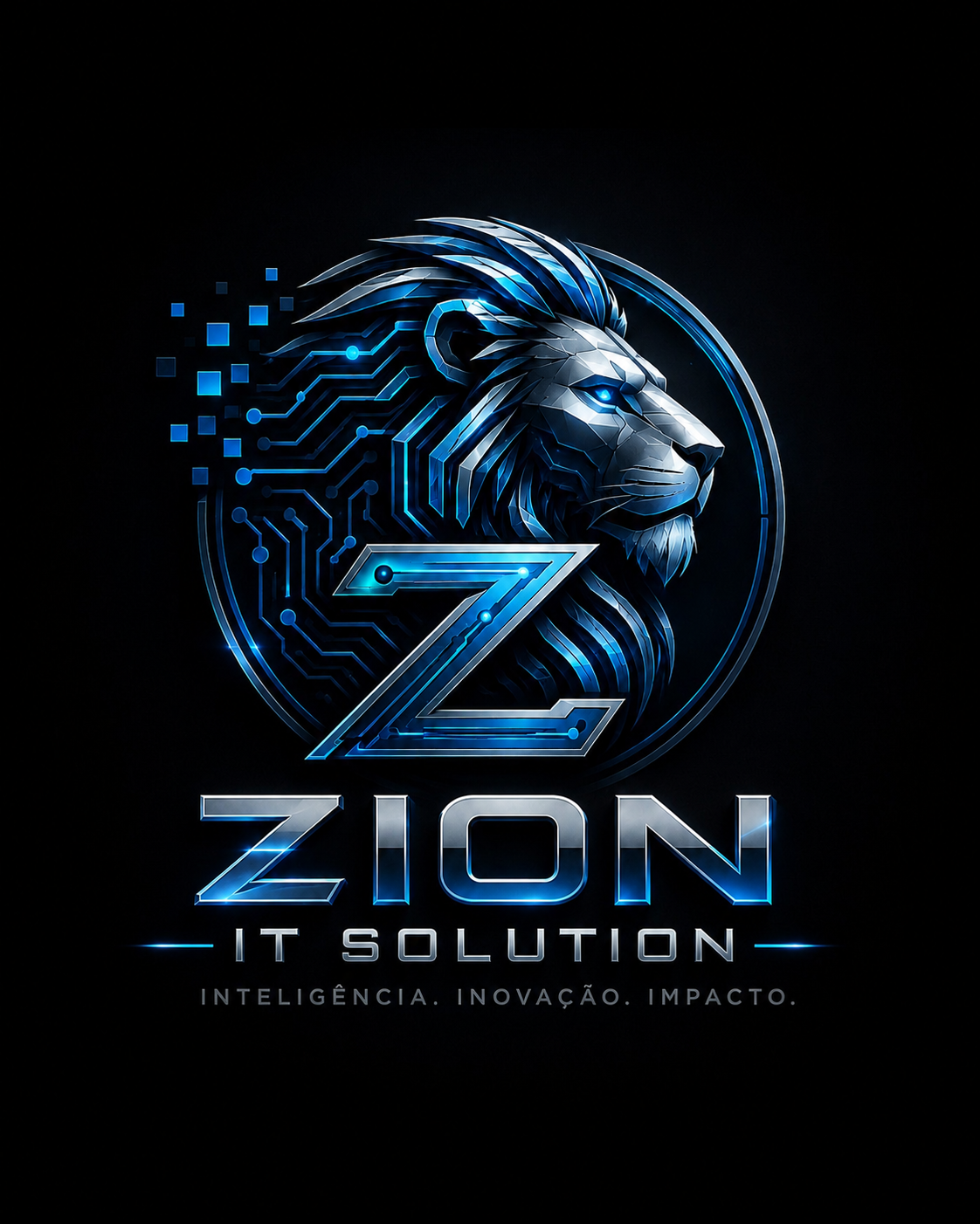 Logo Zion IT Solution: leão tecnológico com o lema Inteligência, Inovação, Impacto